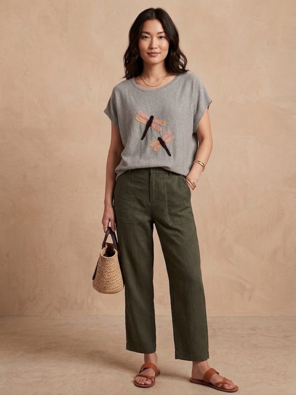Aaeda Gray Dragonfly Embroidered Sweater Top